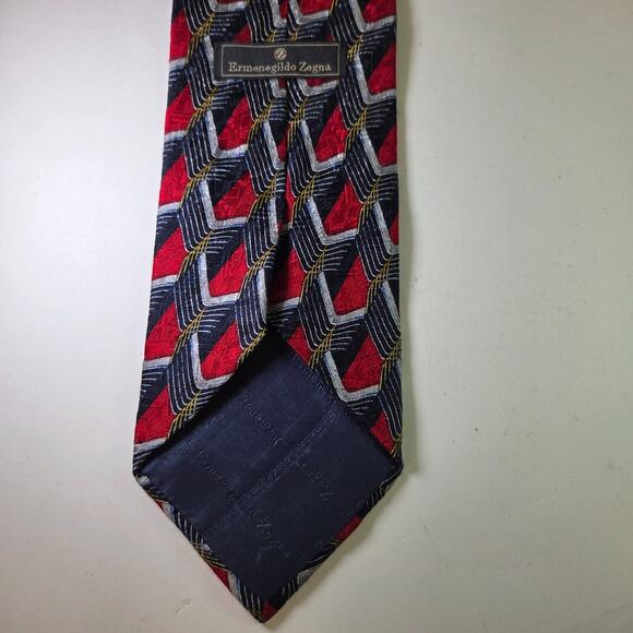 Ermenegildo Zegna Silk Tie Geometric Red Navy Gold Made in Italy 58" - Picture 3 of 10